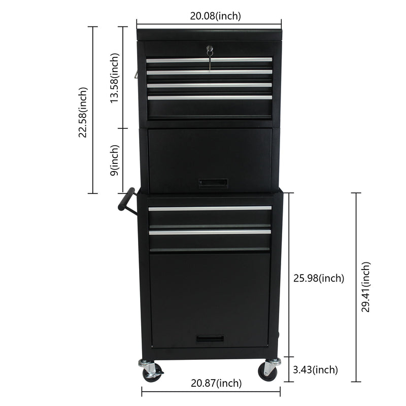 6 Drawer Lockable Tool Cabinet On Wheels, Steel Rolling Tool Chest With Detachable Toolbox