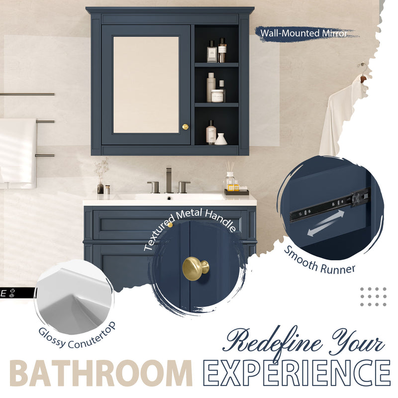 Bathroom Vanity With Top Sink, 2 Doors And 3 Drawers, Freestanding Set With Mirror Cabinet