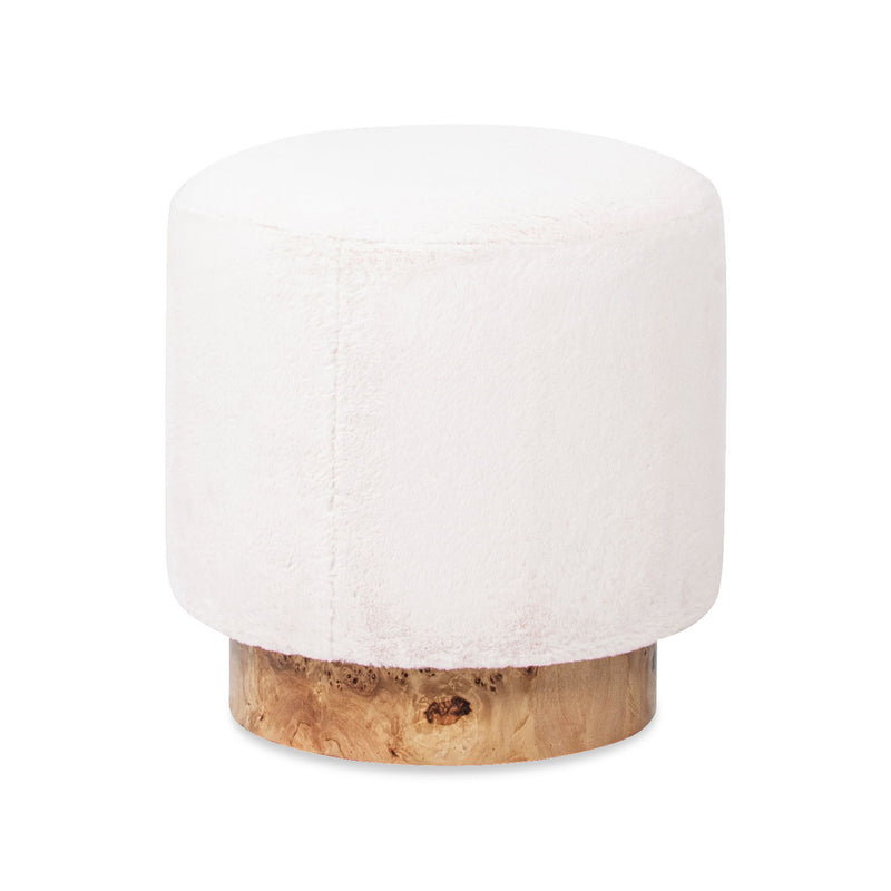 Tilly - Round Fur Upholstered / Burl Pouf Ottoman - White