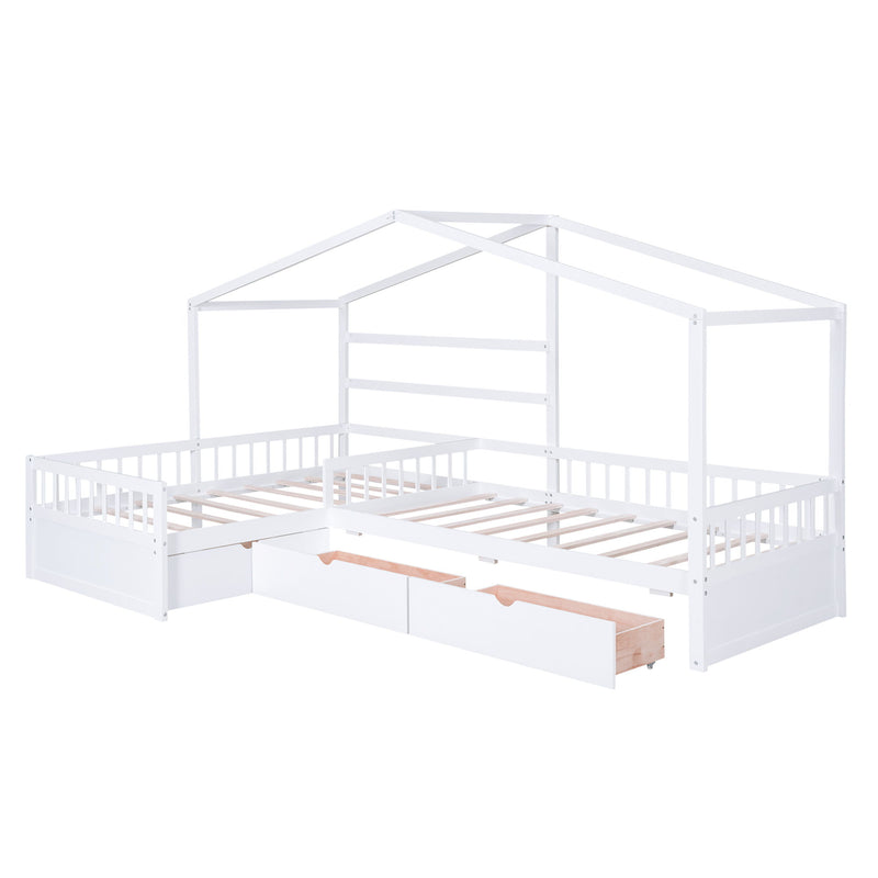 L Shape Platform Bed With 3 Storage Drawers