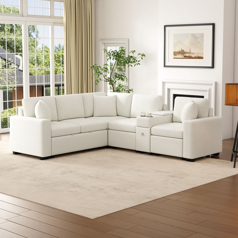 Modular L-Shaped Sectional Sofa Bed With Pull-Out Sleeper, Cup Holders, And Storage