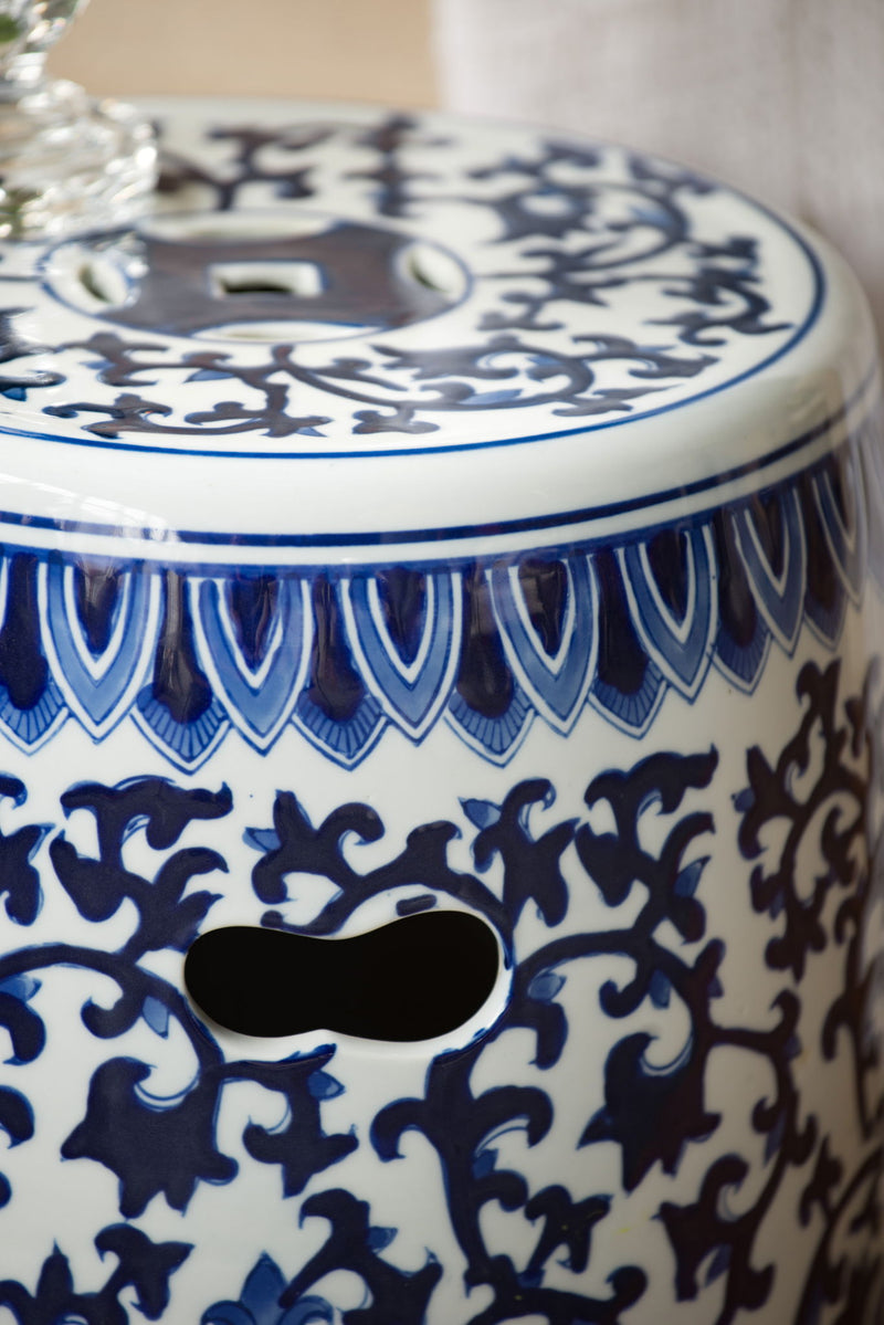 Ceramic Garden Stool, Small Side Tabel - White / Blue