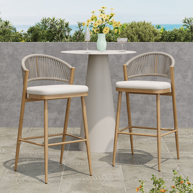 Outdoor Bar Height Metal Frame Counter Stools With Scallop Shaped Backrest & Water Resistant Cushions