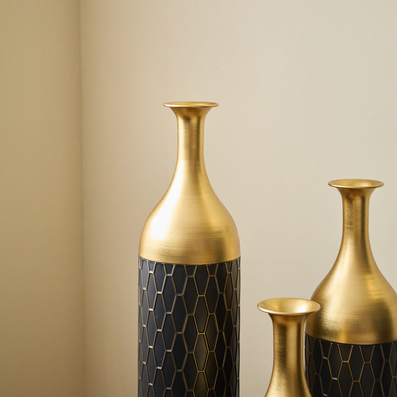 Elegant Floor Vase Set Metal Decorative Vases 3 Piece Set For Floral Display, Wedding & Gift Decor - Gold / Black