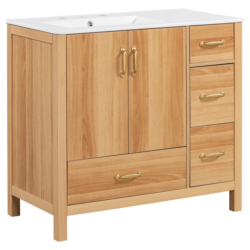 36" Bathroom Vanity, 2 Soft Close Doors, 4 Soft Close Drawers, Adjustable Shelf, Storage Cabinet - Acacia Wood