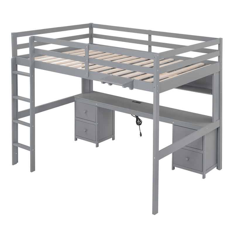 Loft Bed With Desk, Cabinets, Drawers, Charging Station And Bedside Tray