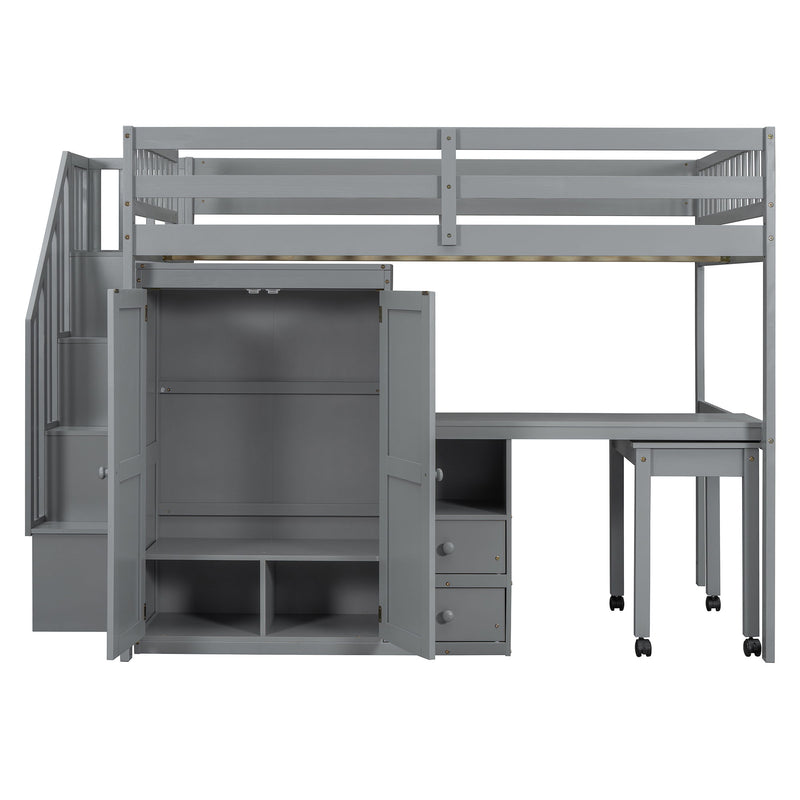 Loft Bed With Stairs, Bookshelf, Drawers, Desk & Wardrobe, Space Saving Multifunctional Furniture