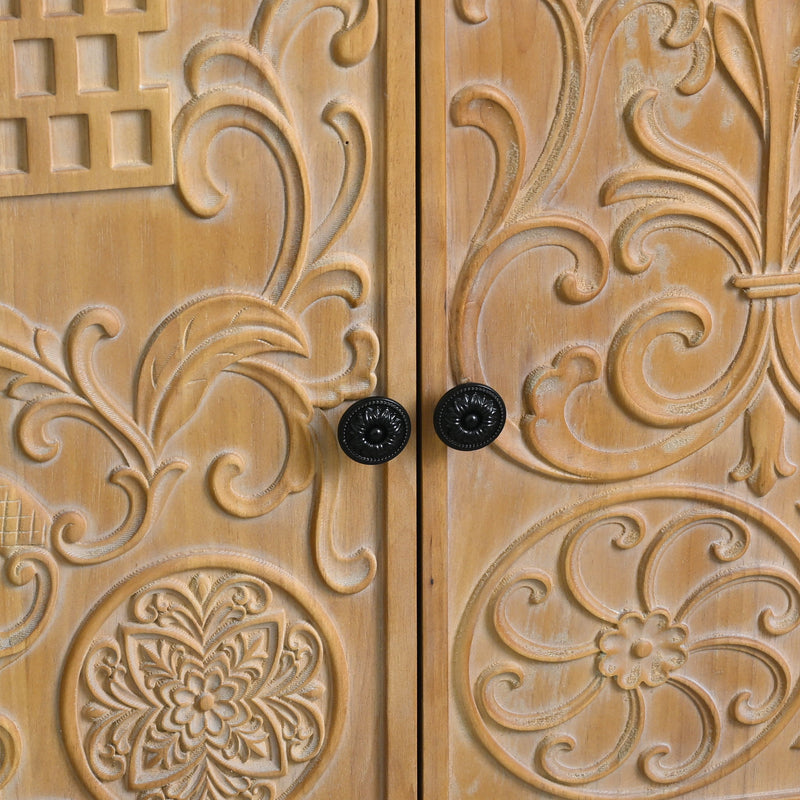 Accent Flower Carved Door Sideboard Cabinet With 2 Drawers For Kitchen - Natural Wood Wash / White