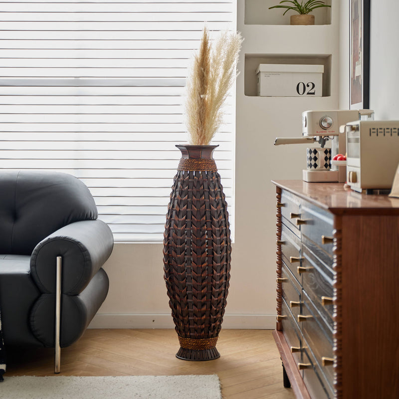 Hand Woven Bamboo Floor Vase, Decorative Accent For Living Room - Acacia Wood
