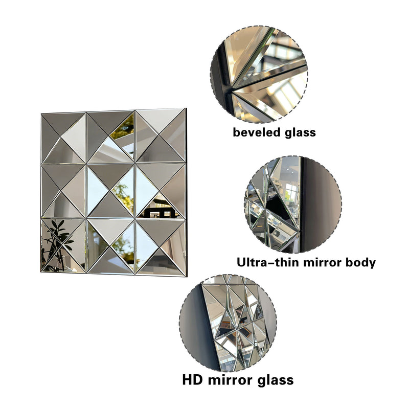 3D Beveled Wall Mirror With Frame, Large Square Design For Living Room - Silver