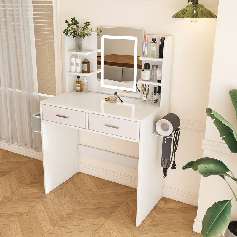 Elegant LED Mirror Vanity Dressing Table With Adjustable Lights, Drawers & Storage - White