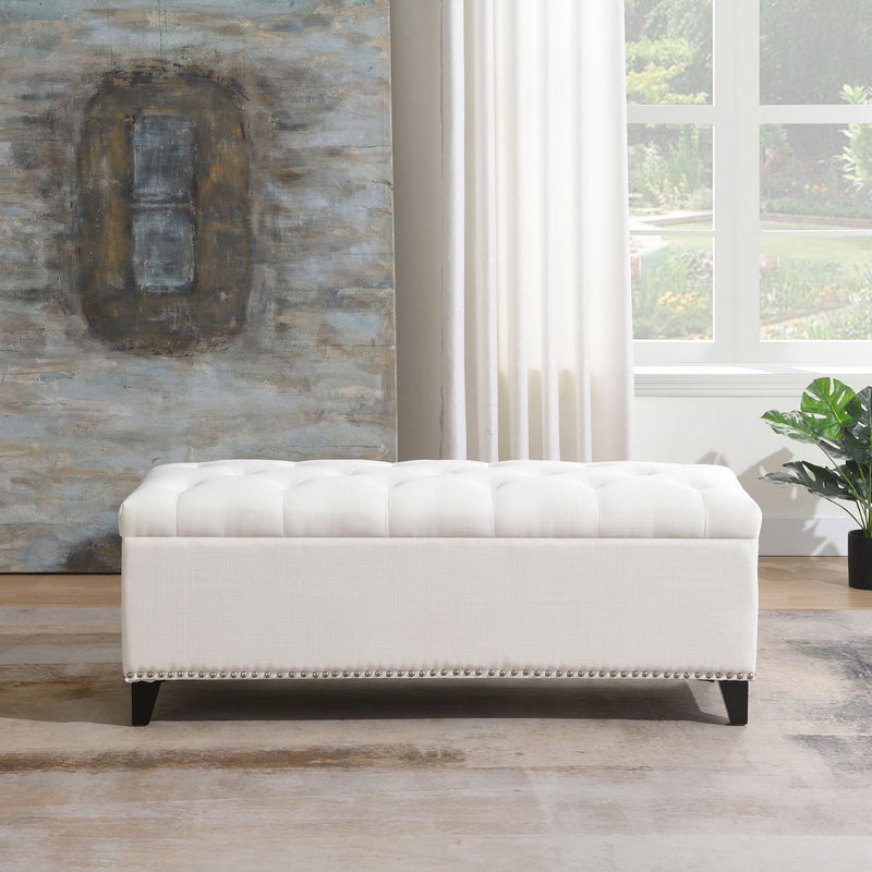 Button-Tufted Storage Ottoman With Safety Close Hinge