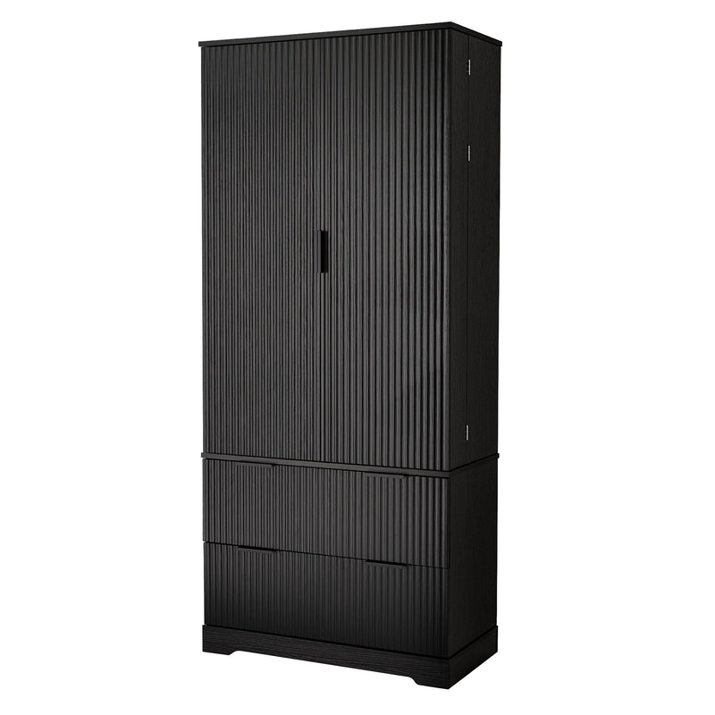 Fluted Kitchen Pantry Cabinet With 2 Large Drawers & 8 Door Spice Rack Freestanding Storage Organizer - Black