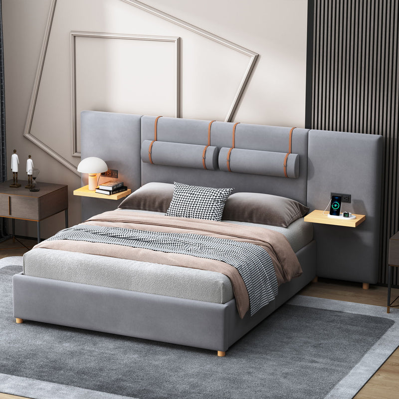 Upholstered Platform Bed, 2 Outlets And USB Charging Ports On Both Sides, 2 Bedside Pillows, Storage Shelves
