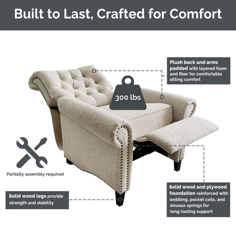 Aidan - Push Back Recliner Chair With Tufted Back And Nailhead Trim - Cream