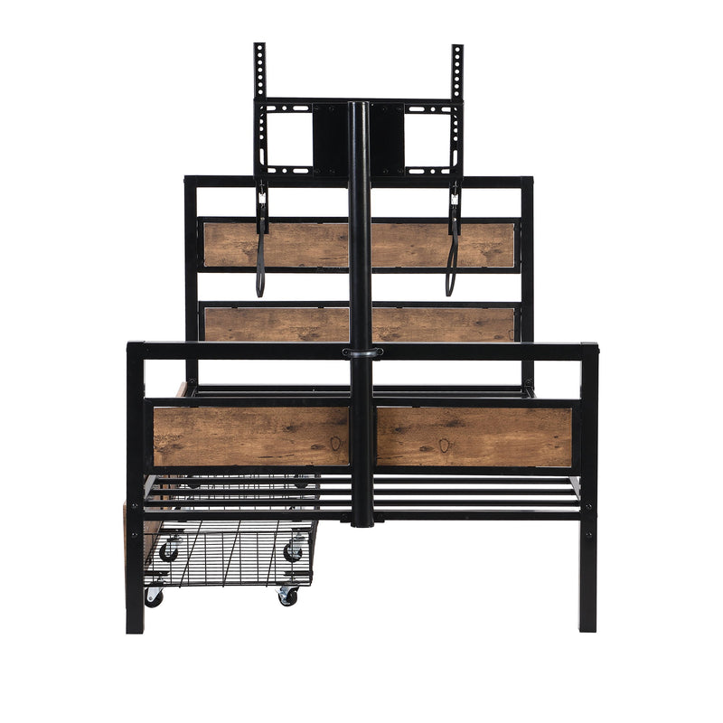 Twin Size Platform Bed With Headboard And Footboard, 2 Storage Drawers And Rotatable TV Stand - Black