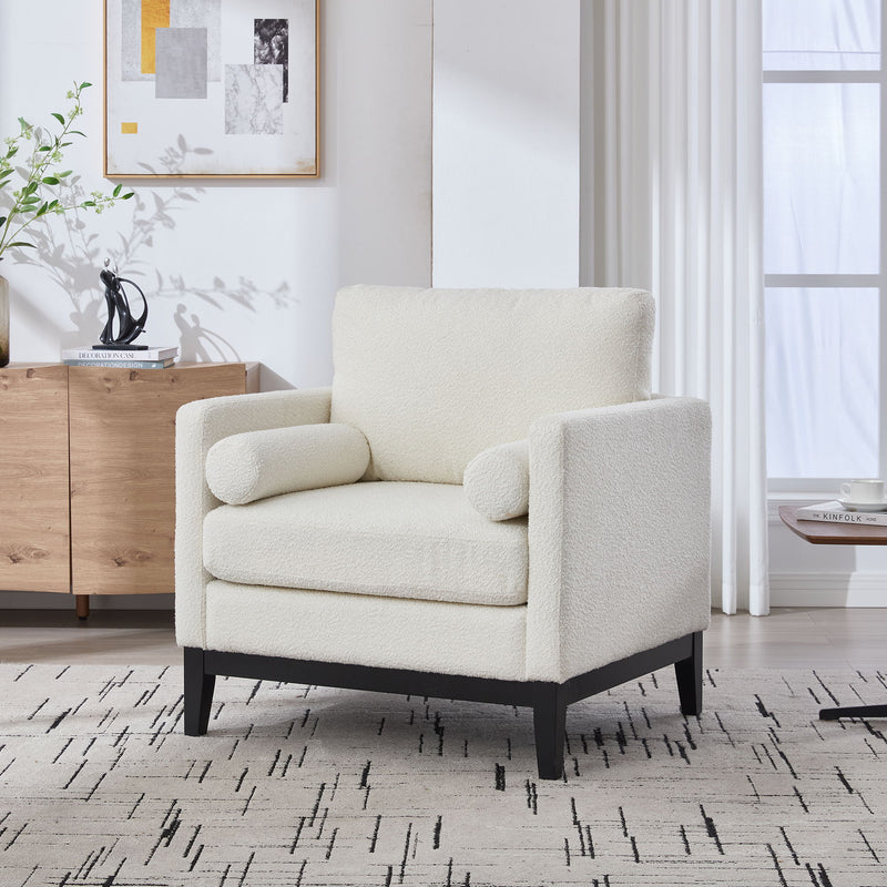 Wide Modern Farmhouse Performance Accent Chair With Legs, Wood Base