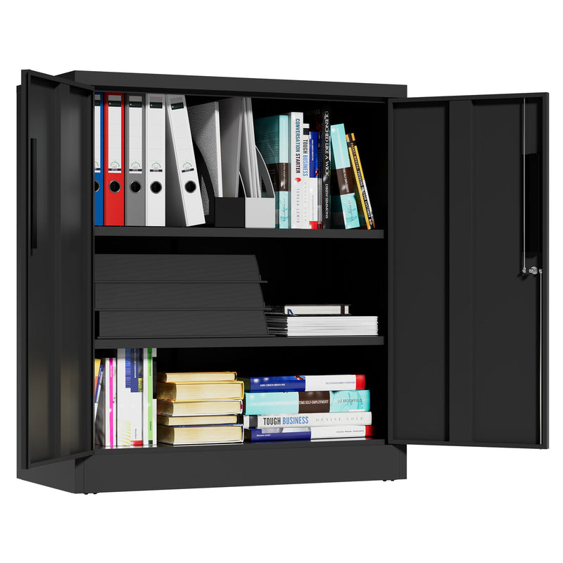 Heavy Duty Storage Cabinet With Lock, 2 Door File Cabinet With 2 Adjustable Shelves - Black