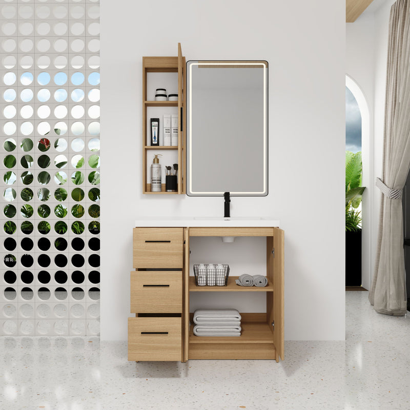 Freestanding Bathroom Vanity Set With Tall Linen Cabinet, 3 Drawers And Large Storage, Single Sink
