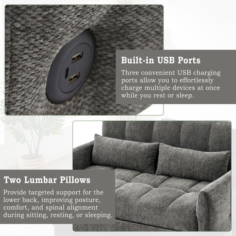 Loveseat Sofa Pull-Out Bed With Adjustable Backrest, 3 USB Ports And 2 Lumbar Pillows For Living Room