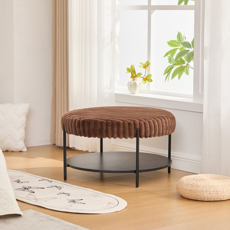 Modern Upholstered Round Ottoman Coffee Table With Storage Shelf
