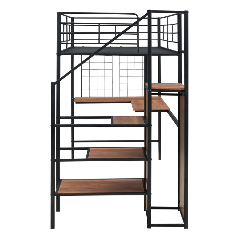 Loft Bed With Desk And Grid, Stylish Frame With Lateral Storage Ladder And Wardrobe