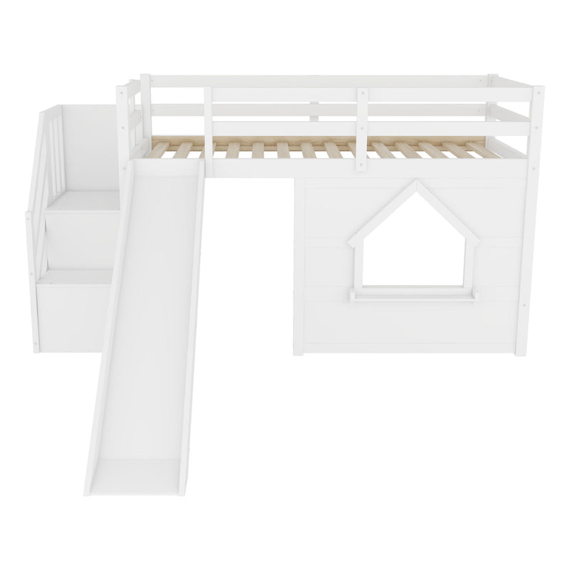 Loft Bed With Storage Stairs, Slide, Playhouse Window And 7 Colors LED Lights