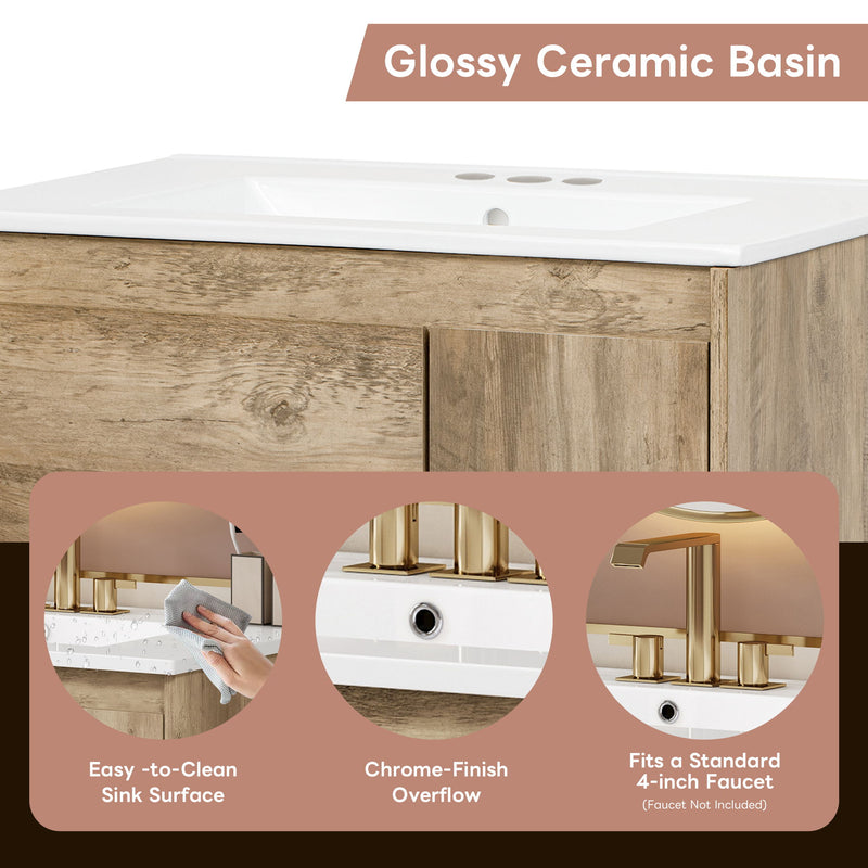 Bathroom Vanity Cabinet With Sink, Sliding Drawer, Soft Closing Door, Open Shelf - Natural Wood