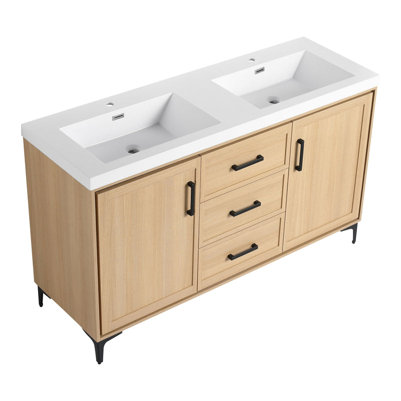 Original 60" Freestanding Bathroom Vanity With Double Resin Sink Plywood Soft Closing Doors & Drawers - Oak