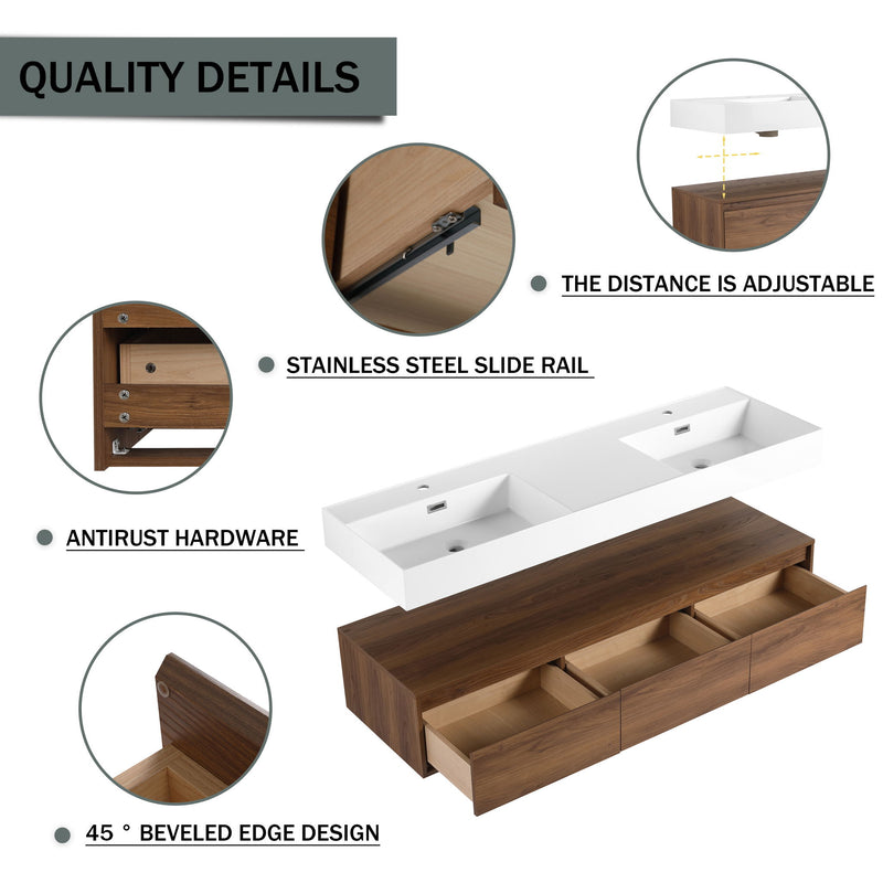 Contemporary Wall Mounted Bathroom Vanity With Dual Resin Sink And Soft Close Drawer