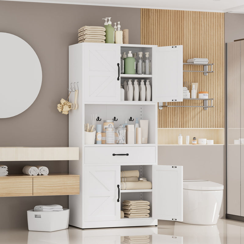 Kitchen Pantry Cabinet With Adjustable Shelves, Drawers, Hooks And Large Countertop - White