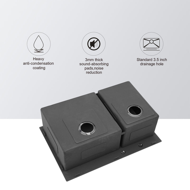 Double Bowl Kitchen Sink 16 Gauge 33" X 22" With 2 10" Deep Basins - Gunmetal Black
