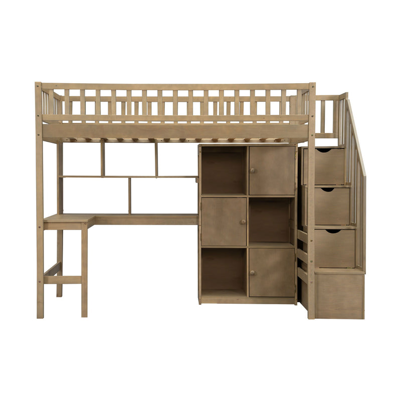 Loft Bed With Built In L Shaped Desk, LED Lights, Storage Shelves, Cabinets, And Staircase
