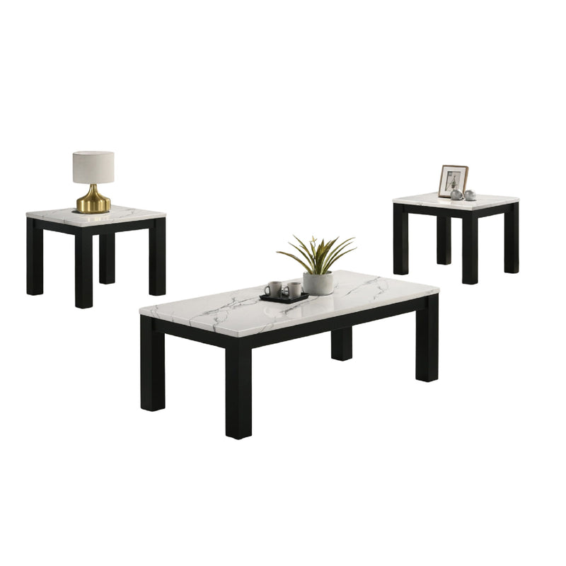 Modern 3 Piece Living Room Table Set With Faux Marble Top Wooden - Black / White