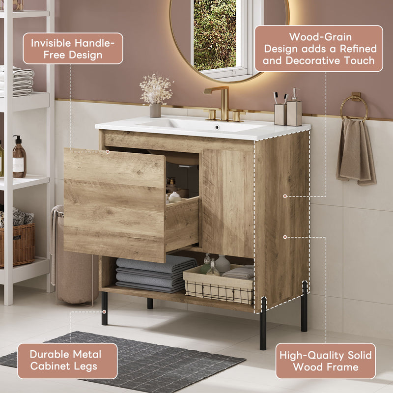Bathroom Vanity Cabinet With Sink, Sliding Drawer, Soft Closing Door, Open Shelf - Natural Wood