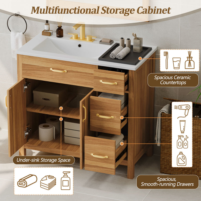 Bathroom Vanity, 2 Soft Close Doors, 3 Soft Close Drawers, Adjustable Shelf - Wood
