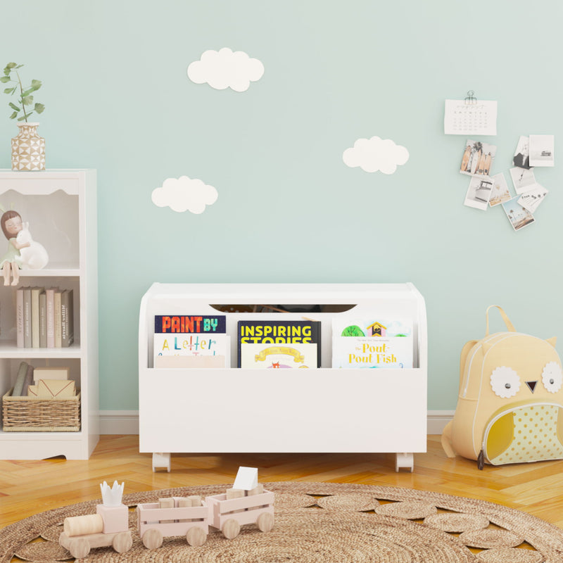 Toy Box With 4 Universal Wheels, Kids Playroom Storage Organizer With Front Bookshelf, Flip Top Lid, Safety Hinge - White