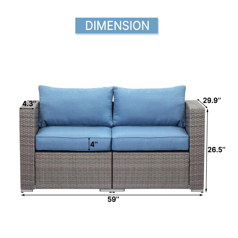 2 Piece Patio Loveseat Set With Thick Cushions, Outdoor Sectional Sofa For Balcony - Blue / Brown
