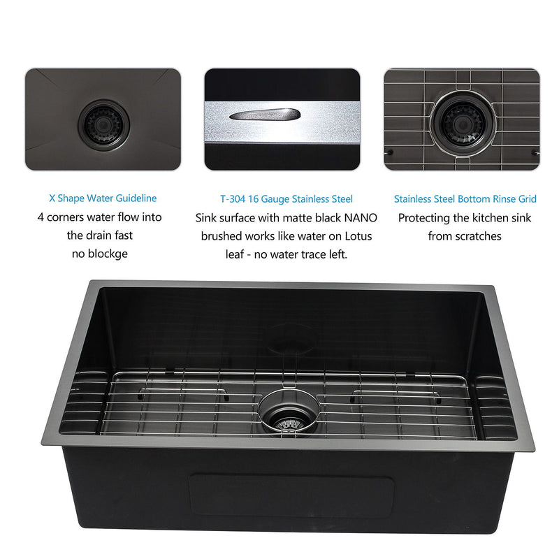 28" Undermount Kitchen Sink 16 Gauge 10" Deep Single Bowl - Gunmetal Black