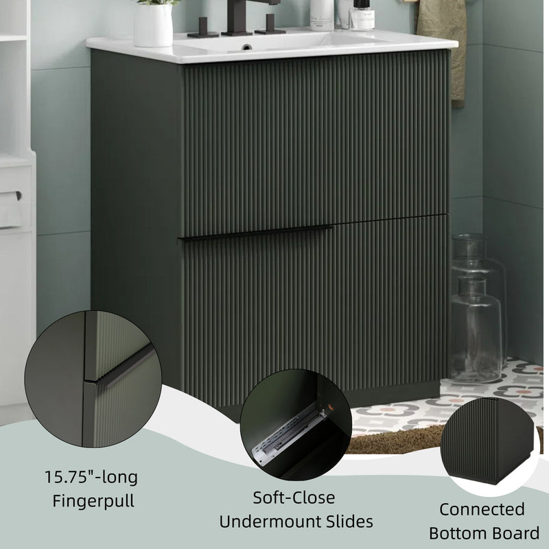 Fluted Bathroom Vanity With Ceramic Sink, Soft Close Slides