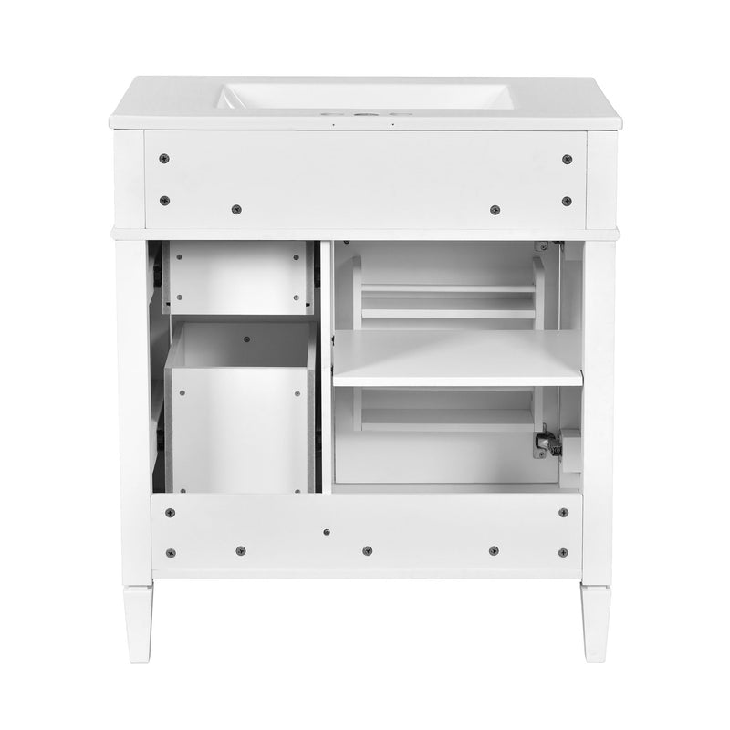 Bathroom Vanity With Top Sink, 2 Doors And 3 Drawers, Freestanding Set With Mirror Cabinet