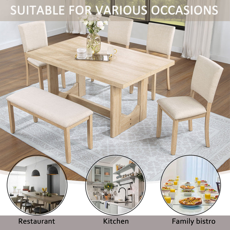 6 Piece Rectangular Kitchen Table Set With Bench And 4 Upholstered Chairs For Kitchen - Light Oak