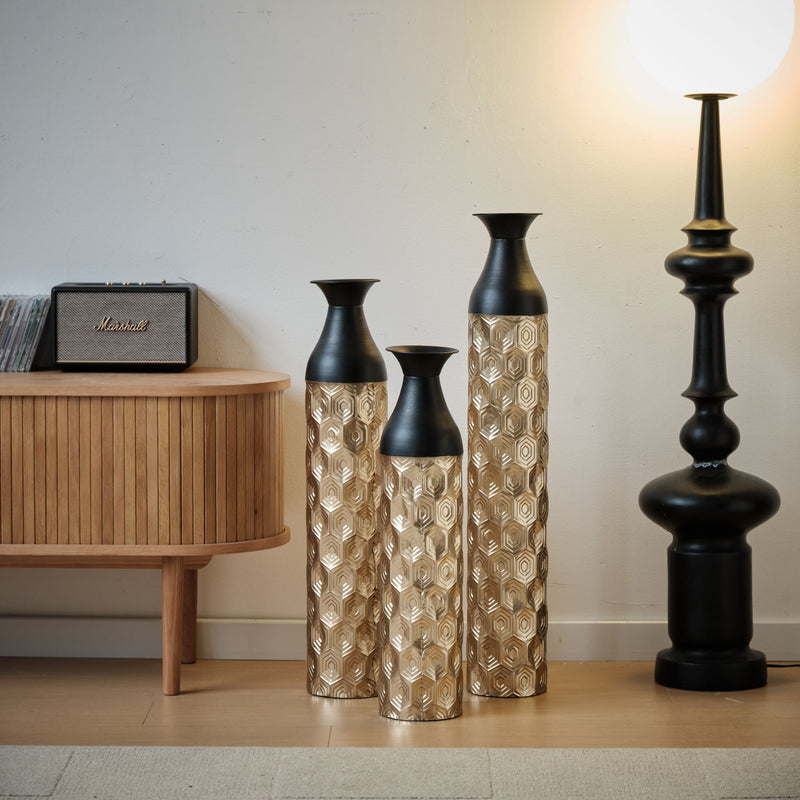 Floor Metal Vases (Set of 3) Gorgeous Home Decoration Large Glazed Metal Vases - Black / Gold