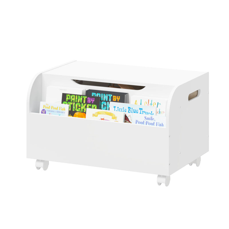 Toy Box With 4 Universal Wheels, Kids Playroom Storage Organizer With Front Bookshelf, Flip Top Lid, Safety Hinge - White
