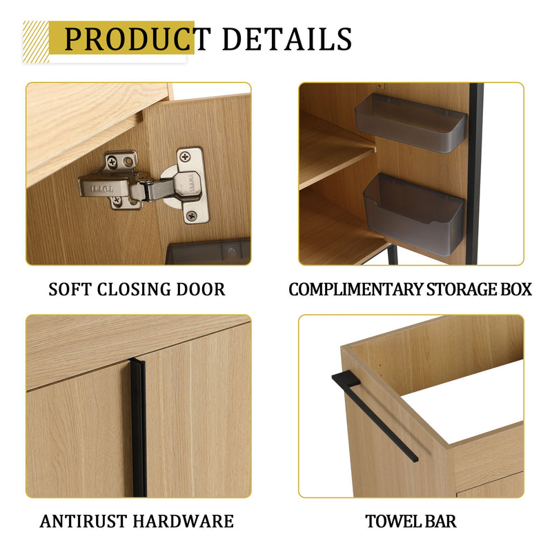 58" Freestanding Bathroom Cabinet With 4 Soft Close Doors & 3 Open Racks (Vanity Only, No Sink) - Oak