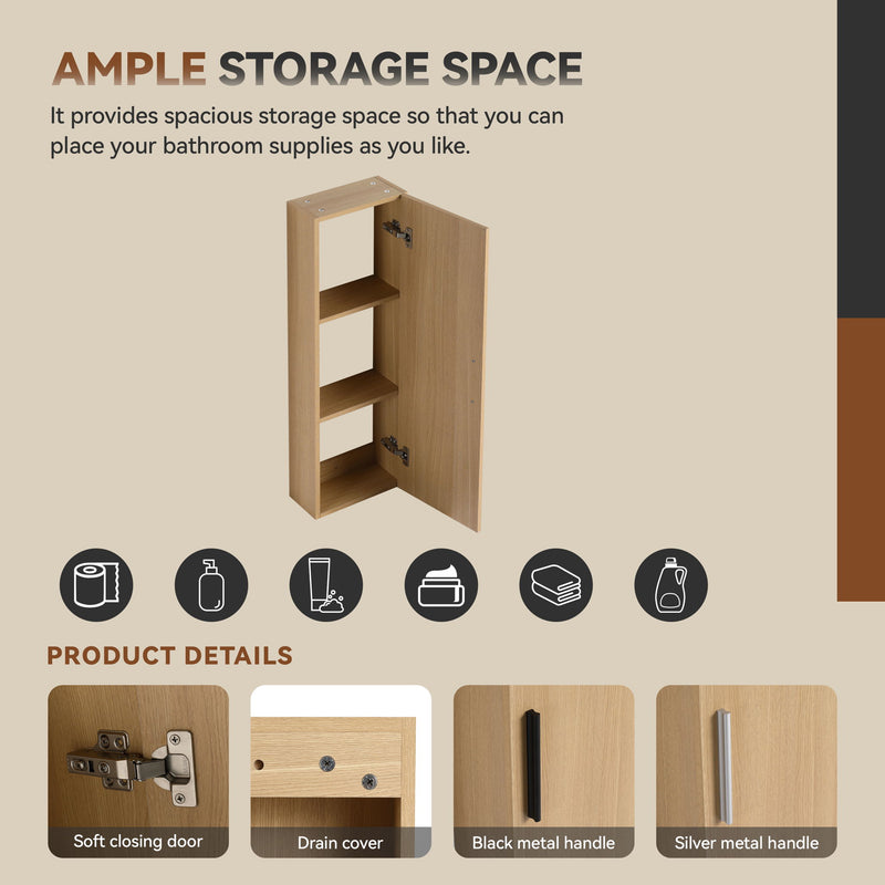 Freestanding Bathroom Vanity Set With Tall Linen Cabinet, Single Sink, Extra Storage, Soft Close Doors - Glossy White / Light Oak