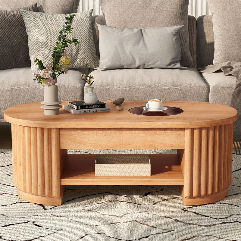 Fluted Oval Coffee Table With Drawers, 2 Tier Cocktail Table