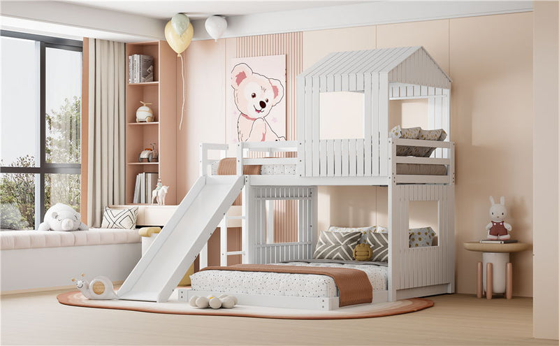 Loft Bunk Bed With Playhouse, Farmhouse, Ladder, Slide And Guardrails