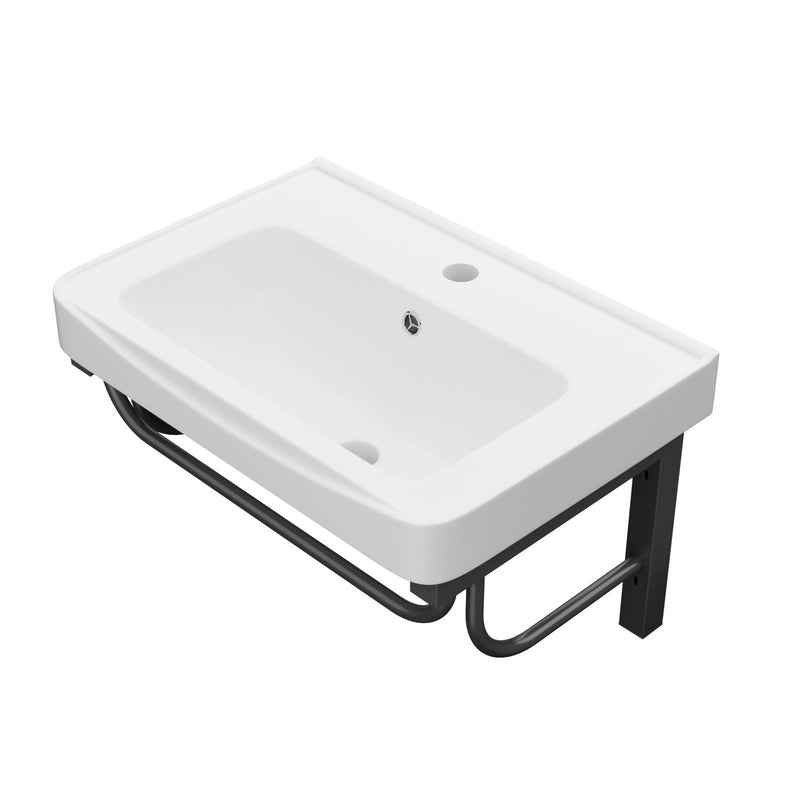Wall Mounted Rectangular Bathroom Sink With 304 Stainless Steel Towel Bar & Overflow - White