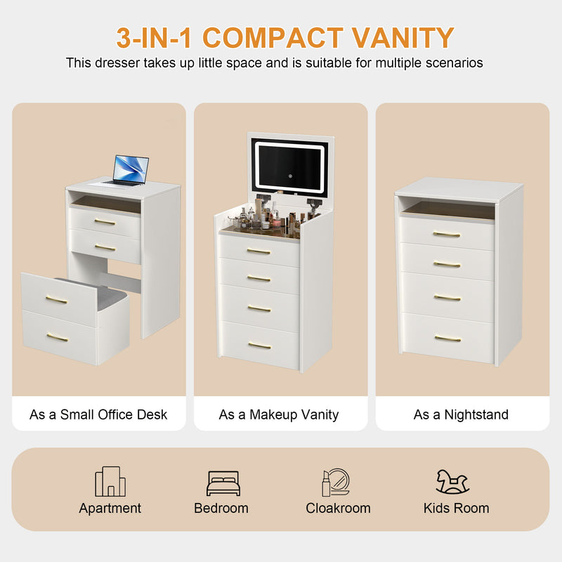 Compact 3 In 1 Vanity Desk With Open Top Mirror, Glass Desktop, 5 Height - White